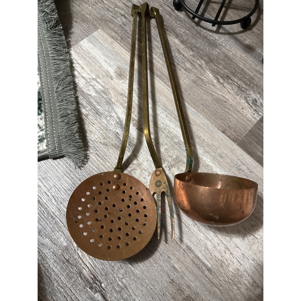 Vintage Copper and Brass Kitchen Utensil Set Ladle Skimmer Fork 3 Piece Rustic